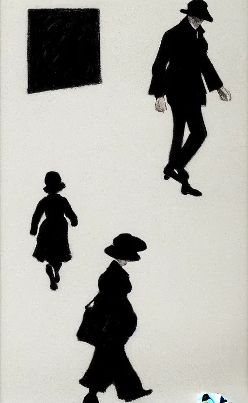 Image similar to symmetry!! black and white silhouette drawing of a person walking, white background by stanhope forbes