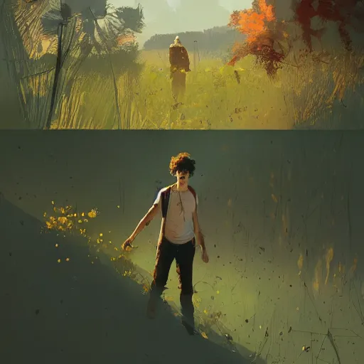 Prompt: timothee chalamet, concept art by jama jurabaev and ismail inceoglu and sparth, cel shaded, cinematic shot, trending on artstation, high quality, brush stroke, lawns, fluorescent spots, luminous flowers, and lonely atmosphere