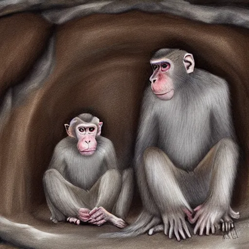 Image similar to two macaques looking at each other inside ancient cave, digital art, soft shadows, creepy art, drawn by shadman