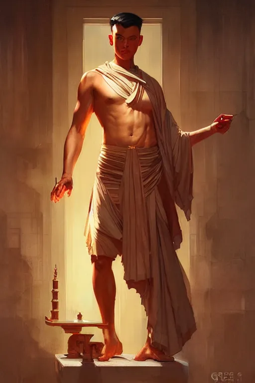 Image similar to male, temple, taoism, painting by greg rutkowski, j. c. leyendecker, artgerm