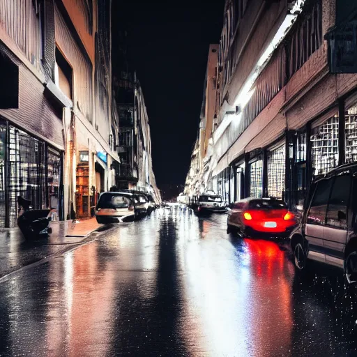 Image similar to a city street at night, raining, photograph, cars on the road,