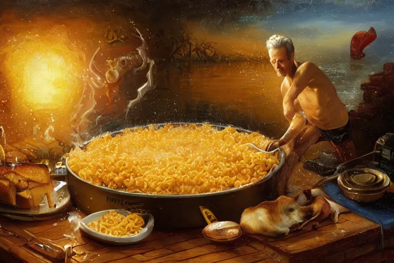 Prompt: portrait of bob barker swimming in a pool of mac and cheese, an oil painting by ross tran and thomas kincade