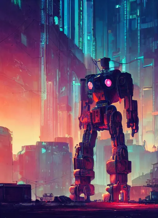 Image similar to a painting of a giant robot standing in front of a post apocalyptic city ruins, cyberpunk art by beeple, artstation hd, dystopian art, apocalypse art, sci - fi, glowing neon lights anamorphic lens flare