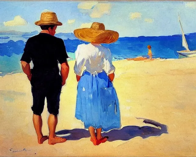 Image similar to a couple and a girl toddler on a beach in sardinia looking at a sailing boat, the man is wearing a panama hat, the woman has long dark hair, white sand, blue sky, summer, white and blue, painting by joaquin sorolla