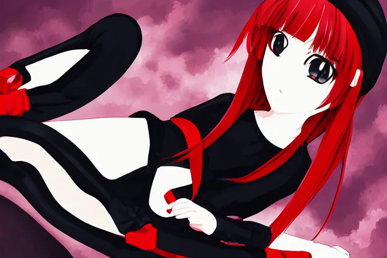 Prompt: a girl sitting on the ground, wearing a black outfit with red trim, soft white background, vector shaded, very anime, detailed colors, digital art, 4 k