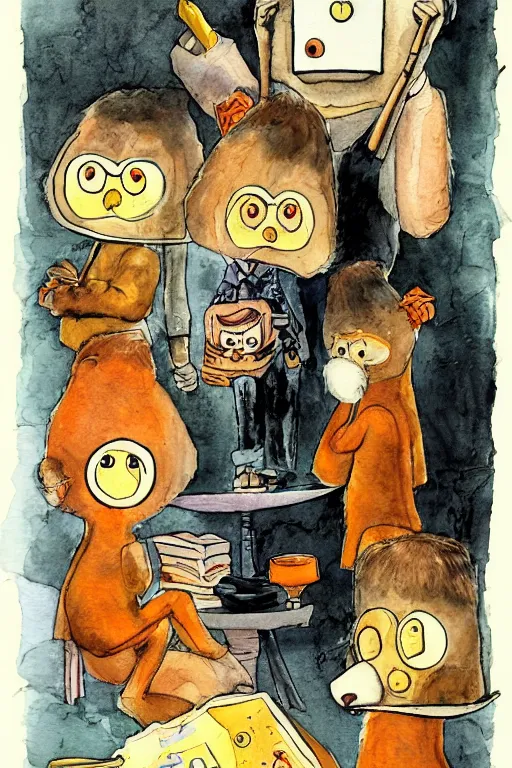 Prompt: a clockwork orange as mongooses, children's book, melancholy, watercolor, illustrated