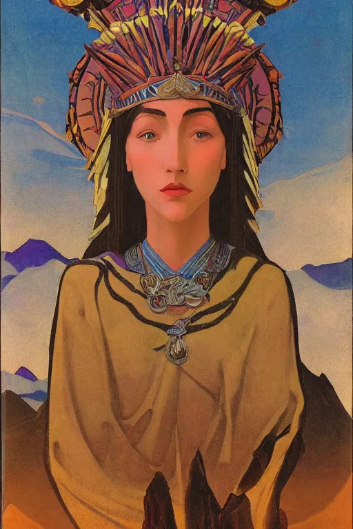 Prompt: queen of the dawn mountains | by Nicholas Roerich and jean delville | dramatic cinematic lighting | ornate headdress | lost civilizations