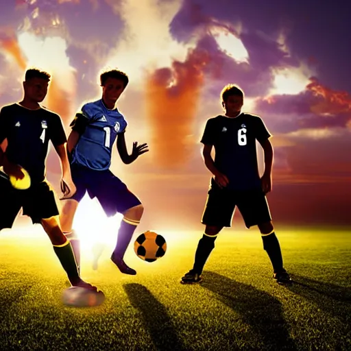 Prompt: 3 Football players play soccer by the sun on the space soccer field, heroic, cinematic lighting