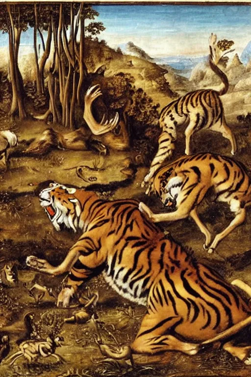 Image similar to the giant tiger hunting a deer, fantasy, renaissance