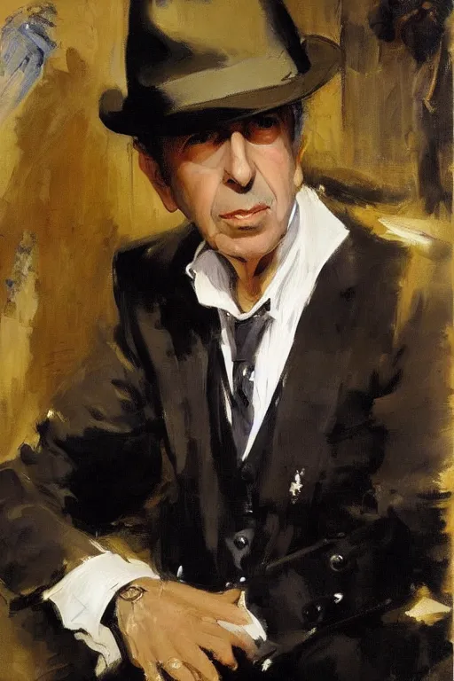 Image similar to Leonard Cohen, wearing a trilby hat, portrait by John Singer Sargent, Frank McCarthy, Robert McGinnis