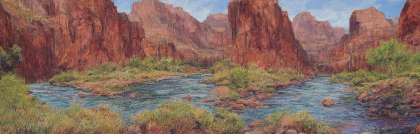 Image similar to landscape meadow flowing into grand canyon, pastel artwork