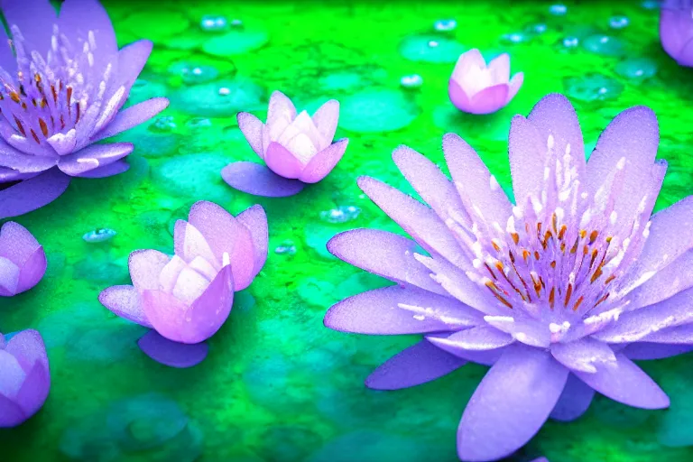 Prompt: perfume bottle standing on green lillypads in a cool blue frosted pond close shot, sharp focus, global illumination, dramatic, mid day, cherry blossom background, soft lilac skies, large scale, hyperrealistic, lots of detail, realistic lighting, octane render, by wlop, artgerm, trending on artstation