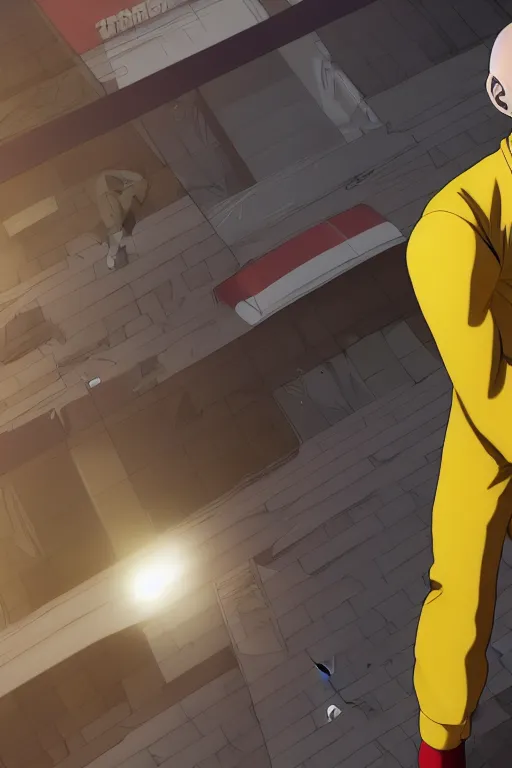 Image similar to side profile, saitama, young bald man, yellow buisness suit, red gloves, looking down, 8k, ultra detail, anime, full body shot