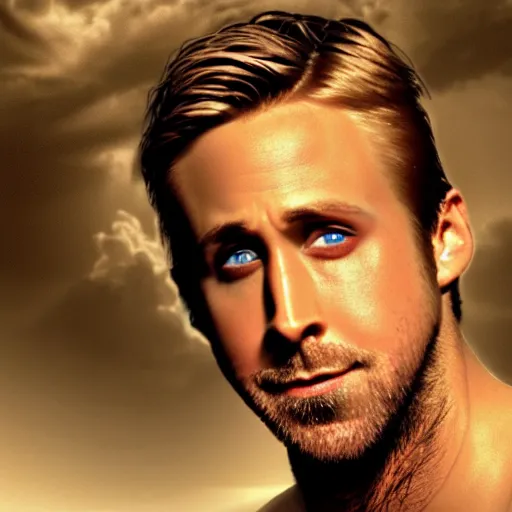 Prompt: detailed close up portrait of Ryan Gosling as Poseidon, the god of the sea, matte painting