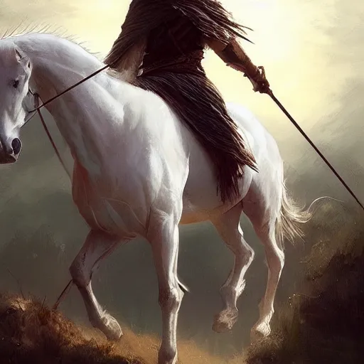 Image similar to a white horse The one who rode him carried arrows and a bow in his hand, and they gave him a crown, digital Art, Greg rutkowski Trending artstation