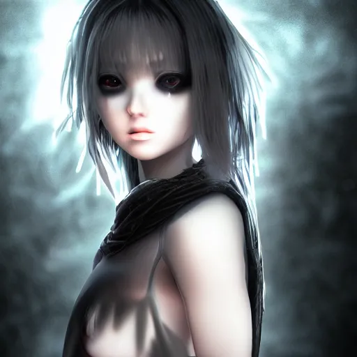 Prompt: photorealistic full shot portrait of angry darkness anime girl, beautifull lovely eye, electric aura, inspired by tim burton, detailed, unreal engine 4 k, volumetric light, fog