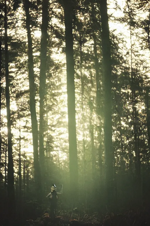 Prompt: kodak portra 4 0 0 photograph of a guy wearing a kings crown standing in a dark fantasy forest, back view, lens flare, moody lighting, moody vibe, telephoto, 9 0 s vibe, blurry background, grain, tranquil, calm, faded!,