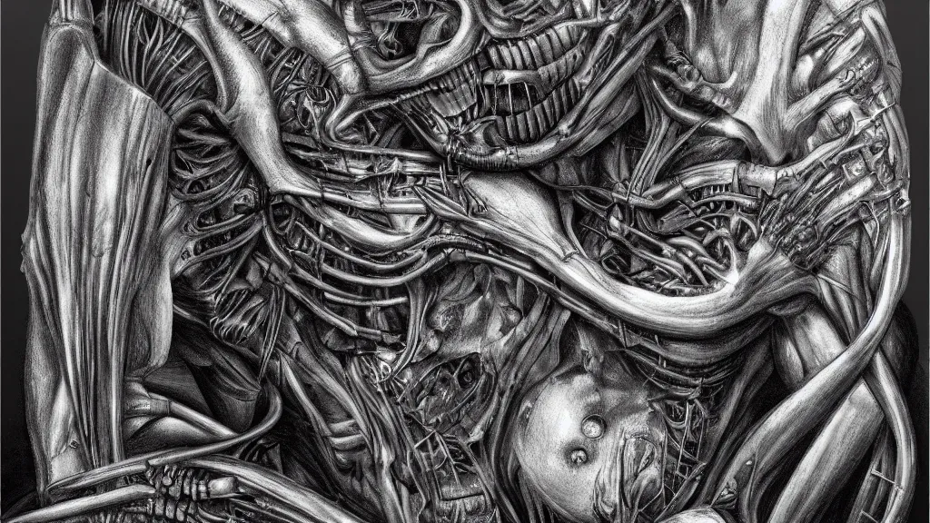 Prompt: Beating heart of the internet, anatomy, style of Giger, H. R. GIGER, 4K, highly detailed