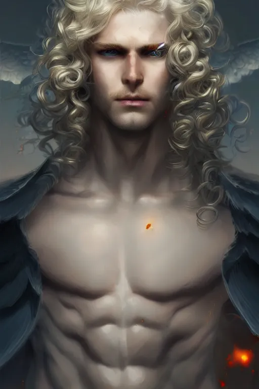 Prompt: digital art of a pale menacing male Cyborg Angel of Battle with fluffy blond curls of hair and piercing eyes, central composition, he commands the fiery power of resonance and wrath, very very long blond curly hair, baroque curls, by WLOP, Artstation, CGsociety