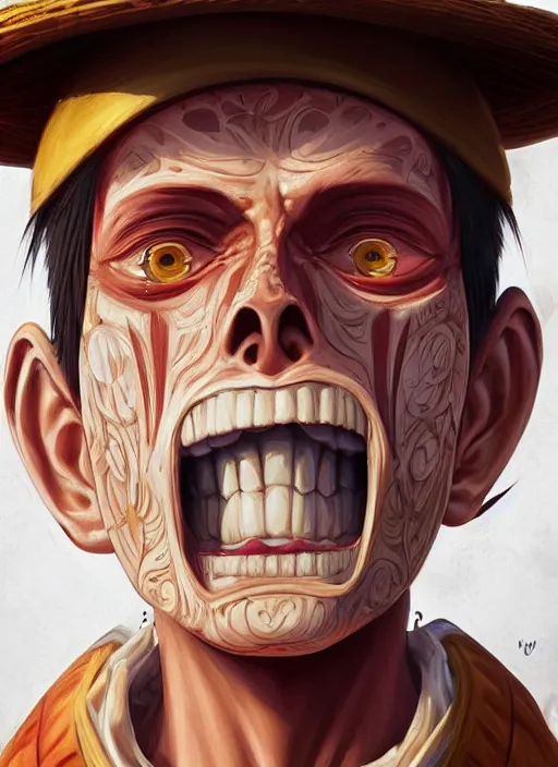 Image similar to a professional digital painting of luffy d monkey, beautiful bone structure, symmetrical facial features, intricate, elegant, concept art, sharp detail, focused, illustration, smooth render, art style by Mandy Jurgens and Ian Spriggs