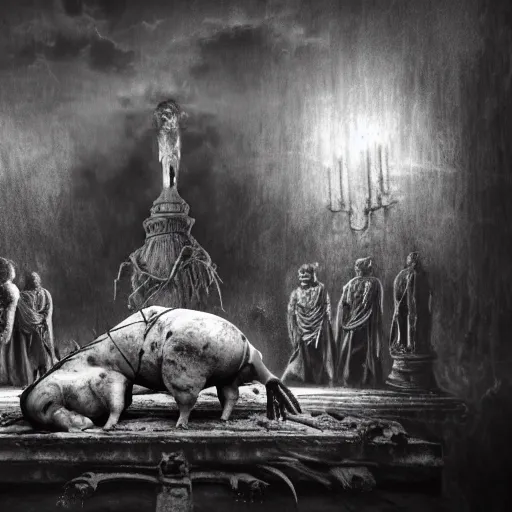 Image similar to a highly detailed realistic photographic render of dead souls worshipping a severed head of a pig with crown of thorns , dead souls, religious sculpture, creepy, cinematic lighting, cinematic scene, Volumetric lighting, Atmospheric scene, Dark, Horror, Atmospheric lighting, Global illumination, realistic, photo realism, hyper realistic, hyper realism, photo realisitc, cinematic render, film, beautifully lit, ray traced, octane 3D render, octane render, unreal engine