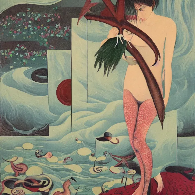 Prompt: tall emo female artist holding a starfish in her flooded kitchen, pomegranates, octopus, water gushing from ceiling, painting of flood waters inside an artist's apartment, a river flooding indoors, ikebana, zen, rapids, waterfall, black swans, canoe, berries, acrylic on canvas, surrealist, by magritte and monet