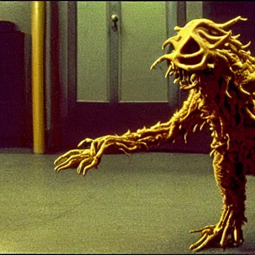 Prompt: a creepy filmic 30mm filmic wide shot color ground level angle movie still film photograph of the full body of a dangerous shape shifting alien creature, with multiple mutated snarling drooling human faces with a grotesque variety of gorey human limbs in the style of a live action 1980s horror film, The Thing 1982