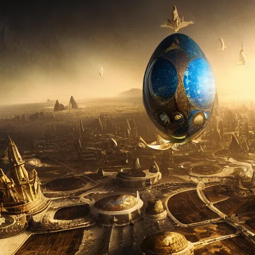 Image similar to enormous flying city in a faberge egg, sky, steampunk, fantasy art, masterpiece, hugh ferriss, octane render, peder balke