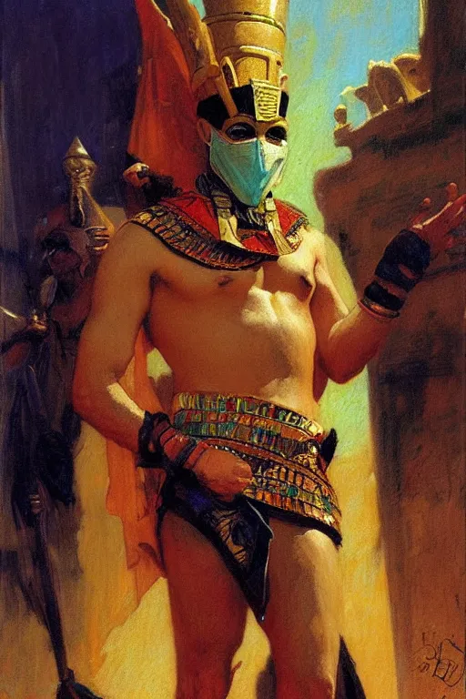 Image similar to magician, wearing mask, character design, ancient egypt, colorful, painting by gaston bussiere, craig mullins, j. c. leyendecker, tom of finland