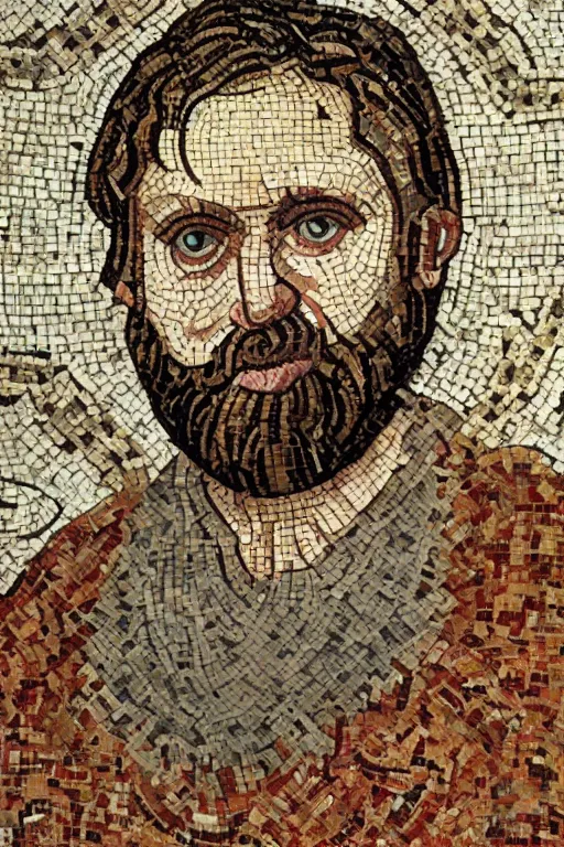 Image similar to intricate and ornately designed roman mosaic portrait of Zizek, 8k