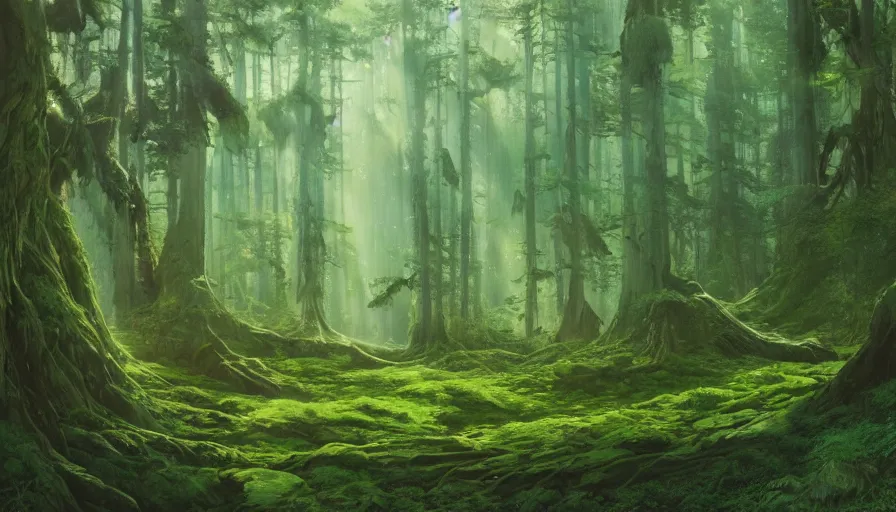 Prompt: beautiful ancient forest, matte painting, beautifully painted, beautiful lighting, enchanted forest, jeremy lipking, studio ghibli, princess mononoke, 8 k, rays of light, amazing detail, princess mononoke background paintings, hayao miyazaki, kazuo oga, enchanted lighting, high contrast, rule of thirds, bright green moss, japanese woodblock prints