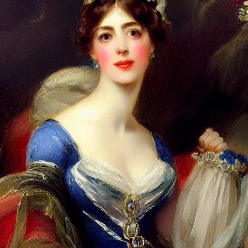 Image similar to A detailed oil painting of a beautiful Regency-era girl by Thomas Lawrence. The girl wears a 1810's style gown with the Empire silhouette.