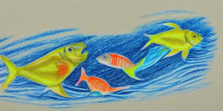 Prompt: fish walking on the sea beach on four legs. drawing with colored pencils