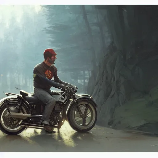 Image similar to A closeup of Neil Peart dreaming of motorcycles, by Greg Rutkowski, Raphael Lacoste, cgstation, 8k