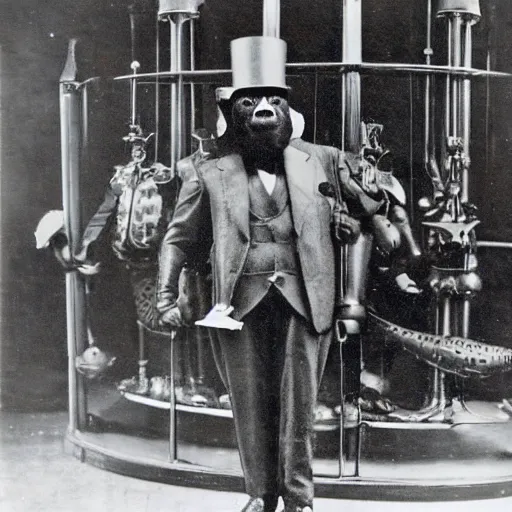 Image similar to A gorilla in a suit and top hat showing his steampunk inventions at 1893 Chicago world's fair