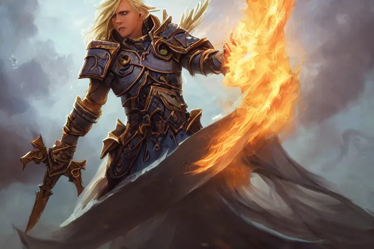 Prompt: amazing masterclass portrait of a floating winged aasimar paladin blond young man with amber eyes strong, wielding a flaming sword, in heaven, hearthstone splash art, deiv calviz, splash art, natural light, fantasy, atmospheric lighting, by greg rutkowski, hearthstone splash art, hd wallpaper, ultra high details, cinematic composition, professional master piece made in one year