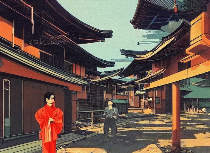 Image similar to vincent di fate's 1 9 8 0 depiction of a kyoto village near a japanese mansion. cyberpunk style.