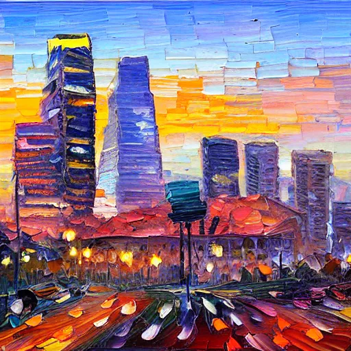 Image similar to palette knife oil painting of downtown los angeles at dusk