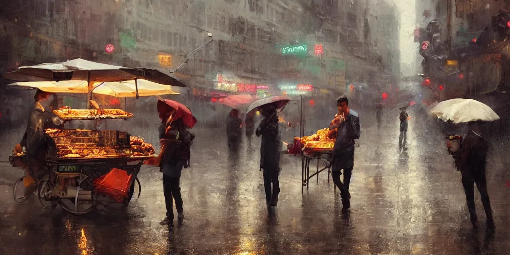 Prompt: Street food vendor prepares your meal as it rains, cozy wallpaper, 4k, trending on Artstation, award-winning, art by Greg Rutkowski