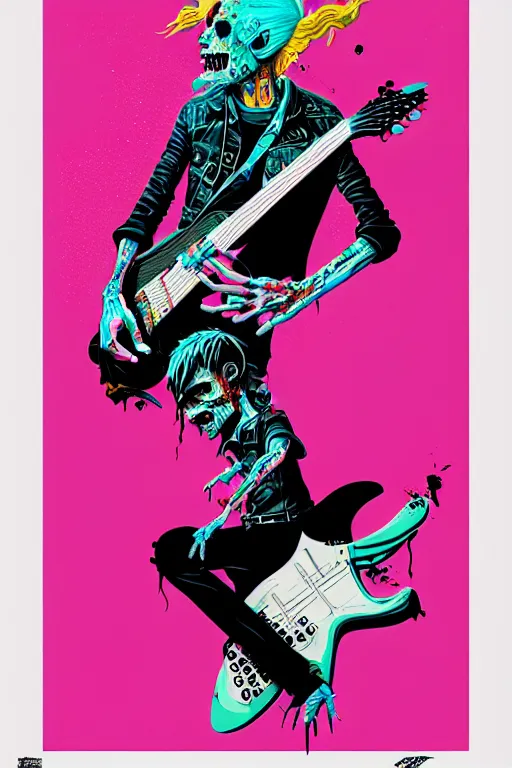 Image similar to risograph of a punk zombie playing guitar, tristan eaton, victo ngai, artgerm, rhads, ross draws, intricated details