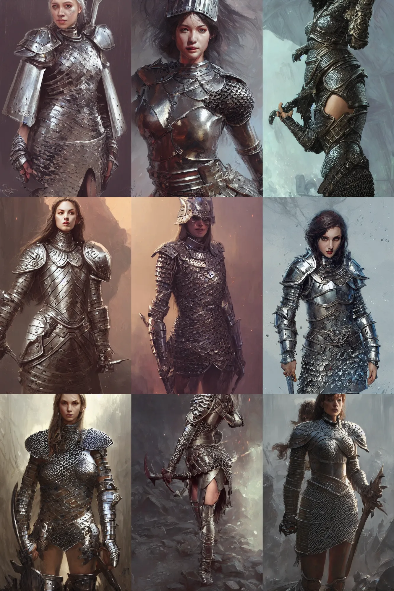 Prompt: Portrait of a female knight wearing chainmail Mini Dress, warhammer, dark, intricate, highly detailed, smooth, artstation, digital illustration by Ruan Jia and Mandy Jurgens and Artgerm and Wayne Barlowe and Greg Rutkowski and Frank Frazetta