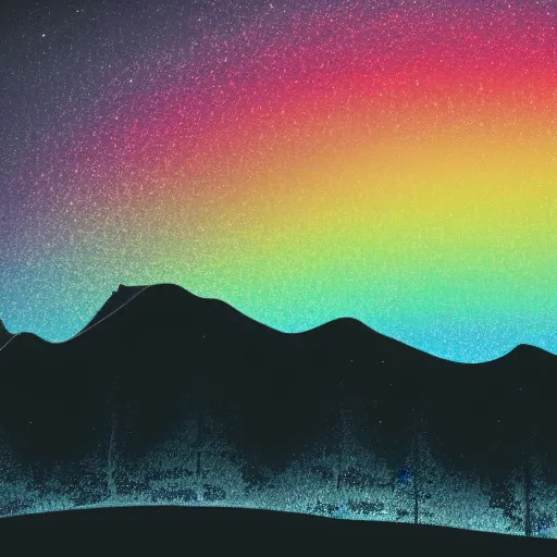 Image similar to fantasy world zoomed out mountains silhouette in the dark rainbow sky, 8 k, hd