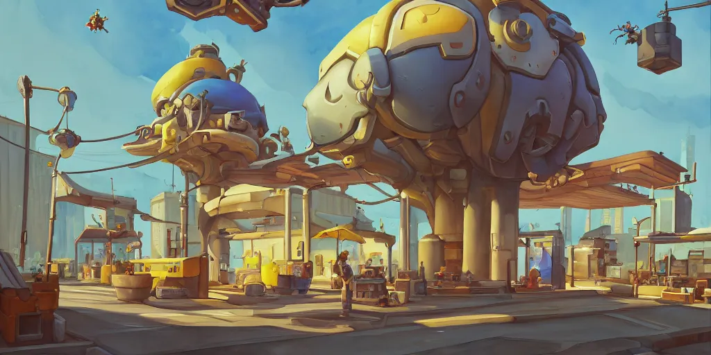 Image similar to overwatch building, stylized, exterior, architecture, in watercolor gouache detailed paintings, insanely detail, artstation, 8 k, futuristic, big medium small, arcane, simon stalenhag, food stall, interesting shapes & form, golden ratio, hard surface, props, lots of decoration and furniture