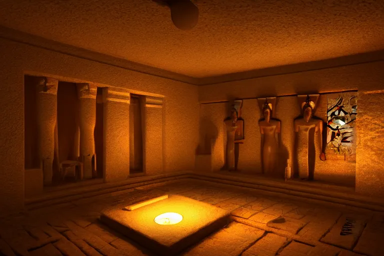 Image similar to a room full of treasure in an egyptian tomb, candlelit, volumetric light, highly detailed, trending on artstation