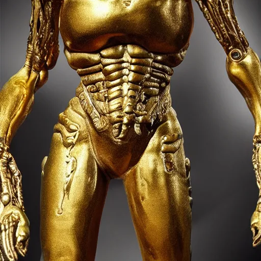 Prompt: an ancient gold xenomorph statue