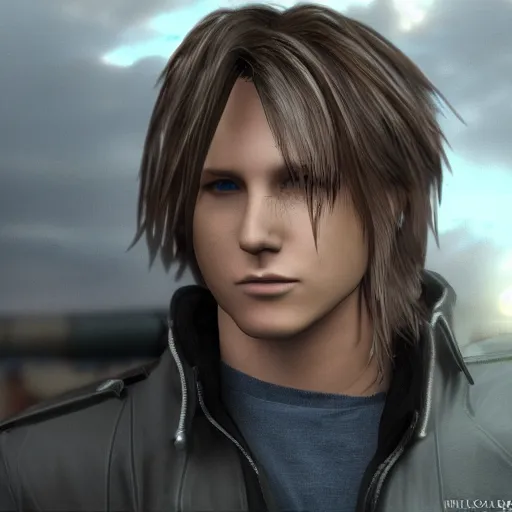 Prompt: photorealistic squall leonhart in a sci fi city