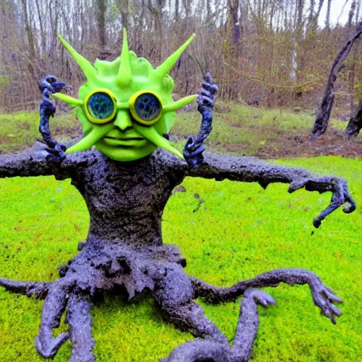 Image similar to statue of a radial creature with 4 eyes and 8 legs with very yellow moss and yellow plants