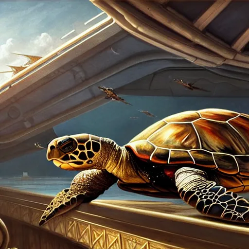 Image similar to realistic large turtle lying on fantasy ship top deck, naval background, wide angle shot, highly detailed, D&D, magic the gathering, fantasy, digital painting, artstation, concept art, smooth, sharp focus, illustration, art by artgerm and greg rutkowski and alphonse mucha