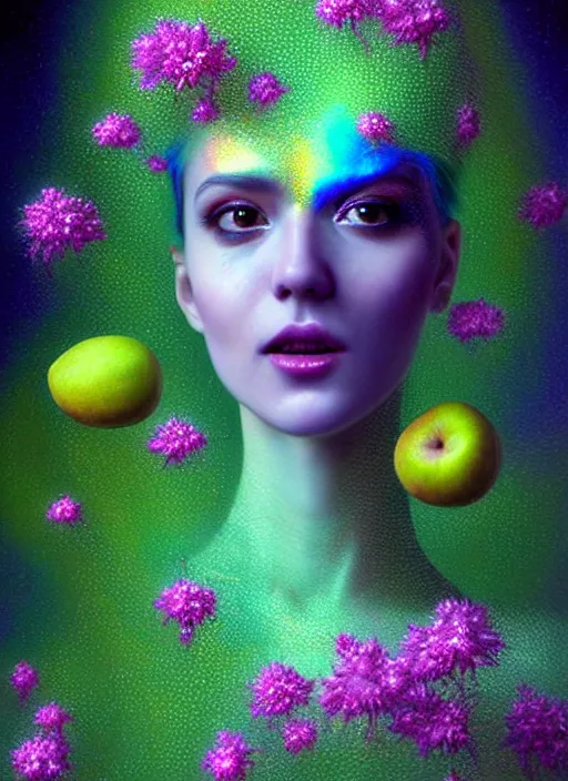 Prompt: hyper detailed 3d render like a chiariscuro Oil painting with depth - Aurora (Singer) looking adorable and seen in attractive dynamic pose joyfully Eating of the Strangling network of thin yellowcake aerochrome and milky Fruit and Her delicate Hands hold of gossamer polyp blossoms bring iridescent fungal flowers whose spores black the foolish stars to her smirking mouth by Jacek Yerka, Mariusz Lewandowski, Houdini algorithmic generative render, Abstract brush strokes, Masterpiece, Edward Hopper and James Gilleard, Zdzislaw Beksinski, Mark Ryden, Wolfgang Lettl, hints of Yayoi Kasuma, octane render, 8k