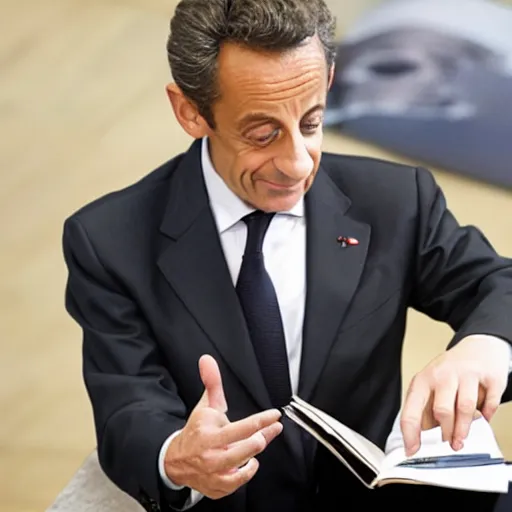 Prompt: photo of Nicolas Sarkozy holding a book